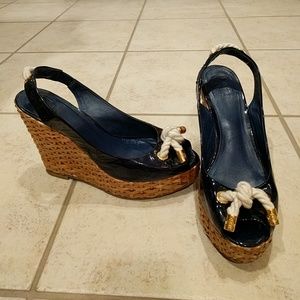 Tory Burch blue patent wedge